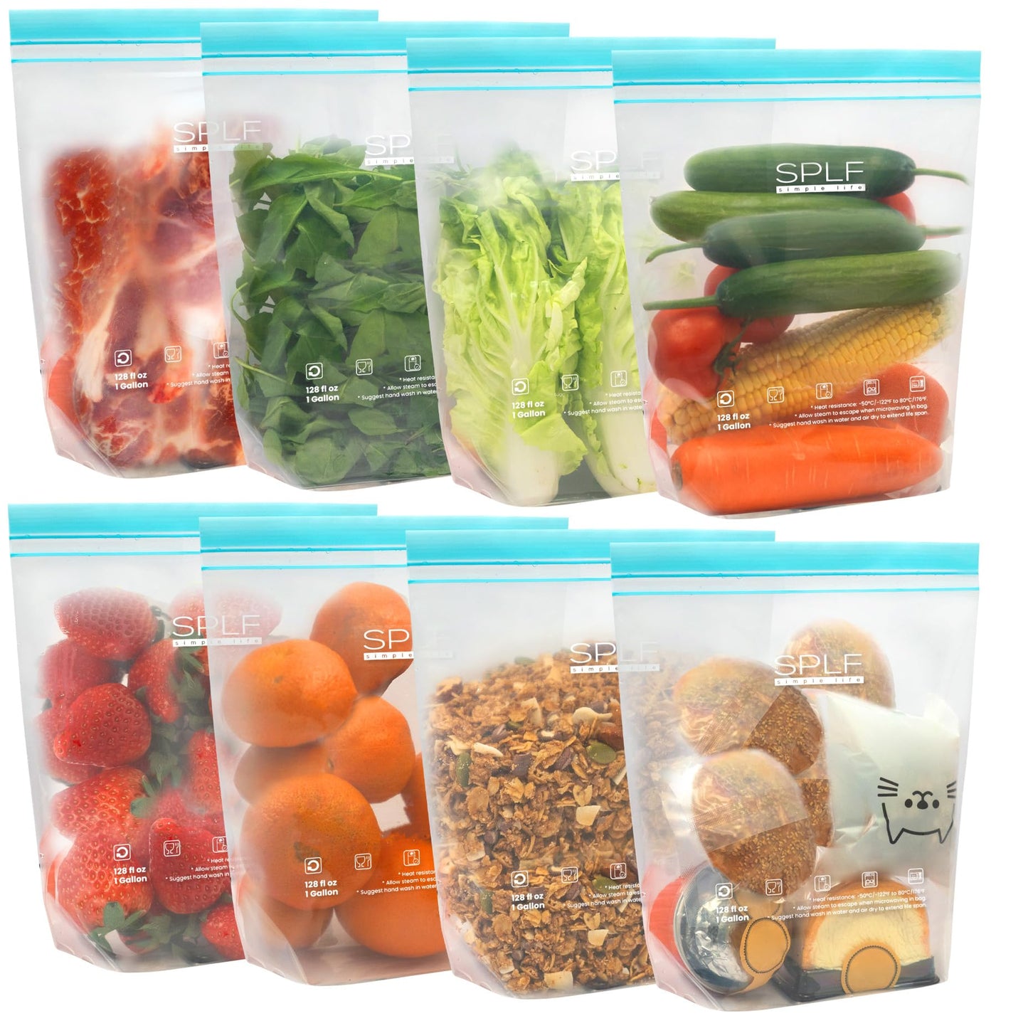 SPLF 24 Pack Reusable Food Storage Bags Dishwasher Microwave Safe, BPA Free Reusable Freezer Bags, Silicone Free Containers for Meal Prep, Fridge Kitchen Organization - 8 Gallon 8 Sandwich 8 Snack