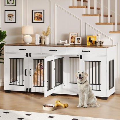 Garvee 71" Dog Crate Furniture for 2 Dogs, Heavy Duty Indoor Dog Kennel TV Stand, XL Wooden Dog Cage with Divider for Medium Large Dogs, End Table Dog Crate