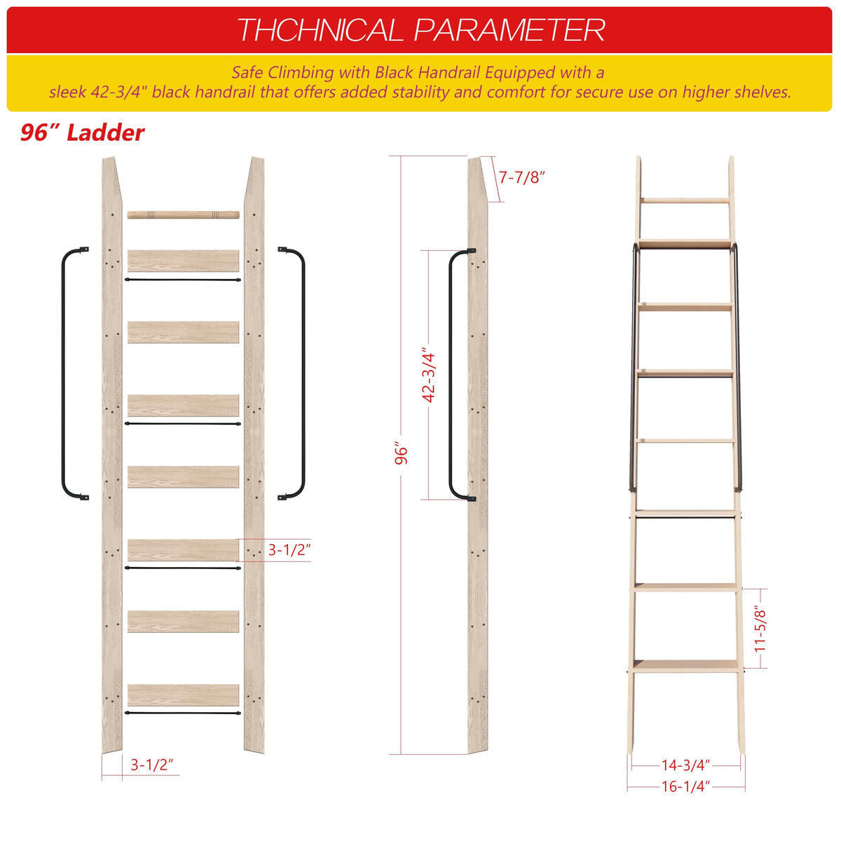 104RDHOUSE 96in Attic Rolling Library Ladder, 8 Step Wooden Ladder with,Loft Ladder Bookshelf,Wall Stairs Red Oak Stair Platform Bunkbed Ladder,for Home Kitchen,Warehouses,Bookstore,DIY Stain