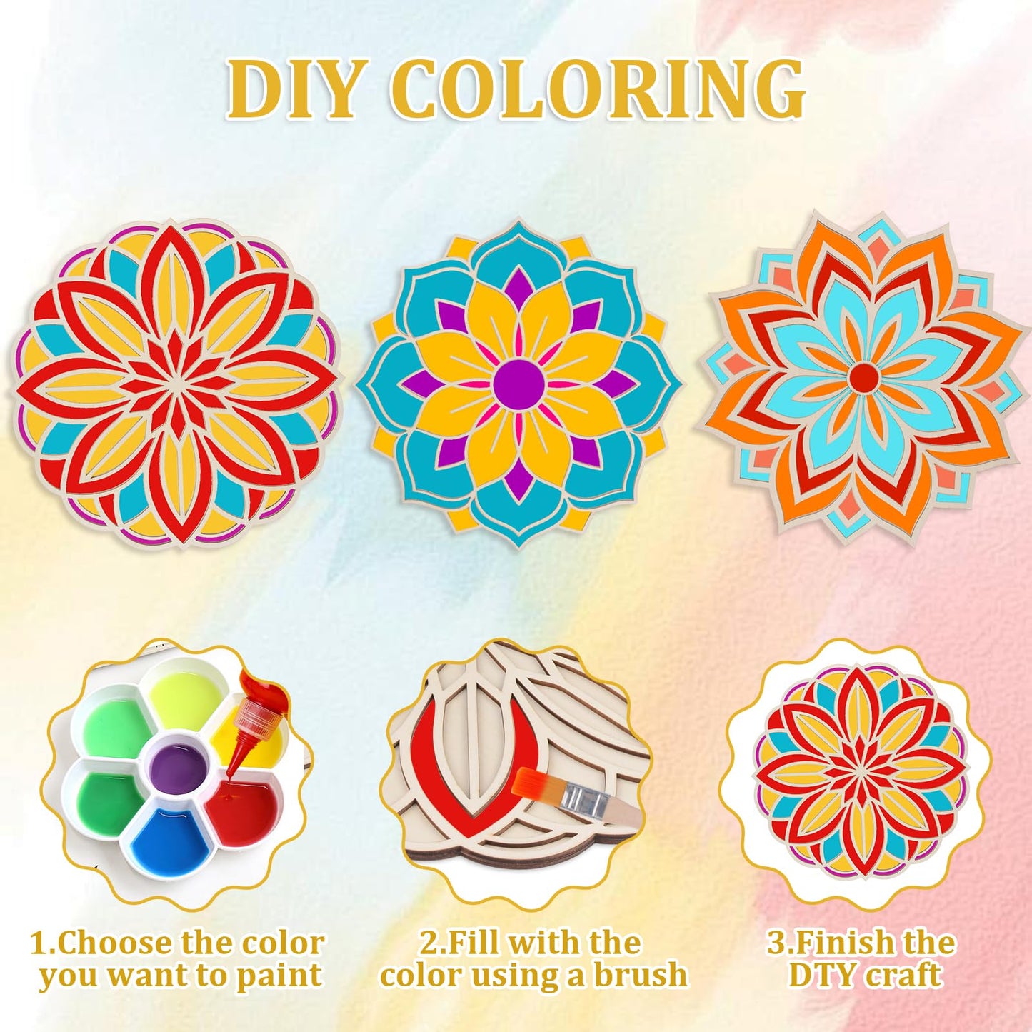 HICOHAND Wooden Mandala Sand Art Set, 3PCS Floral Indian Rangoli Stencils Wooden Mandala DIY Crafts for Indian Traditional Festival Home Decorations