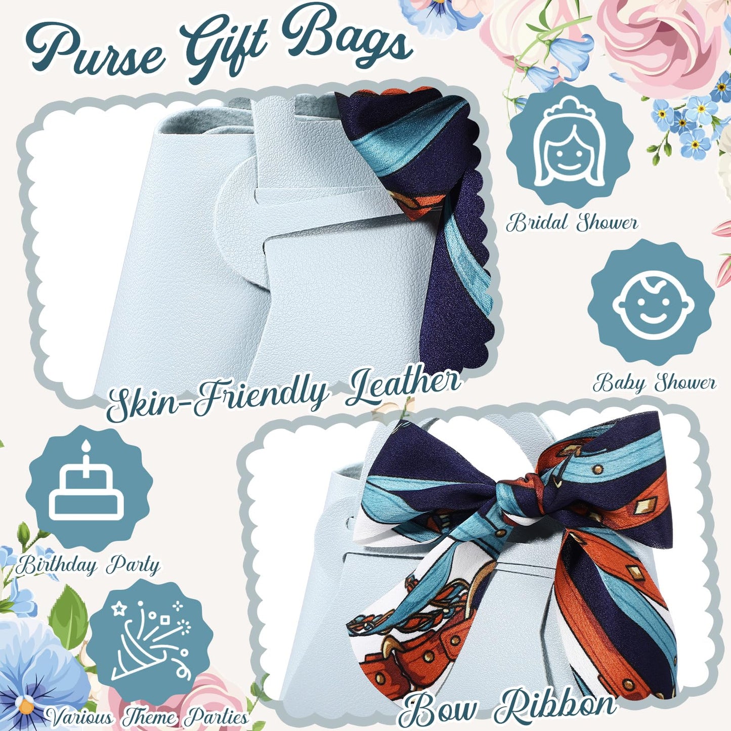 Abbylike 18 Pcs PU Leather Purse Gift Bags with Handles Ribbon Wedding Purse Party Favor Candy Boxes Treat Goodie Bag for Birthday Bridal Baby Showers Party (Blue)