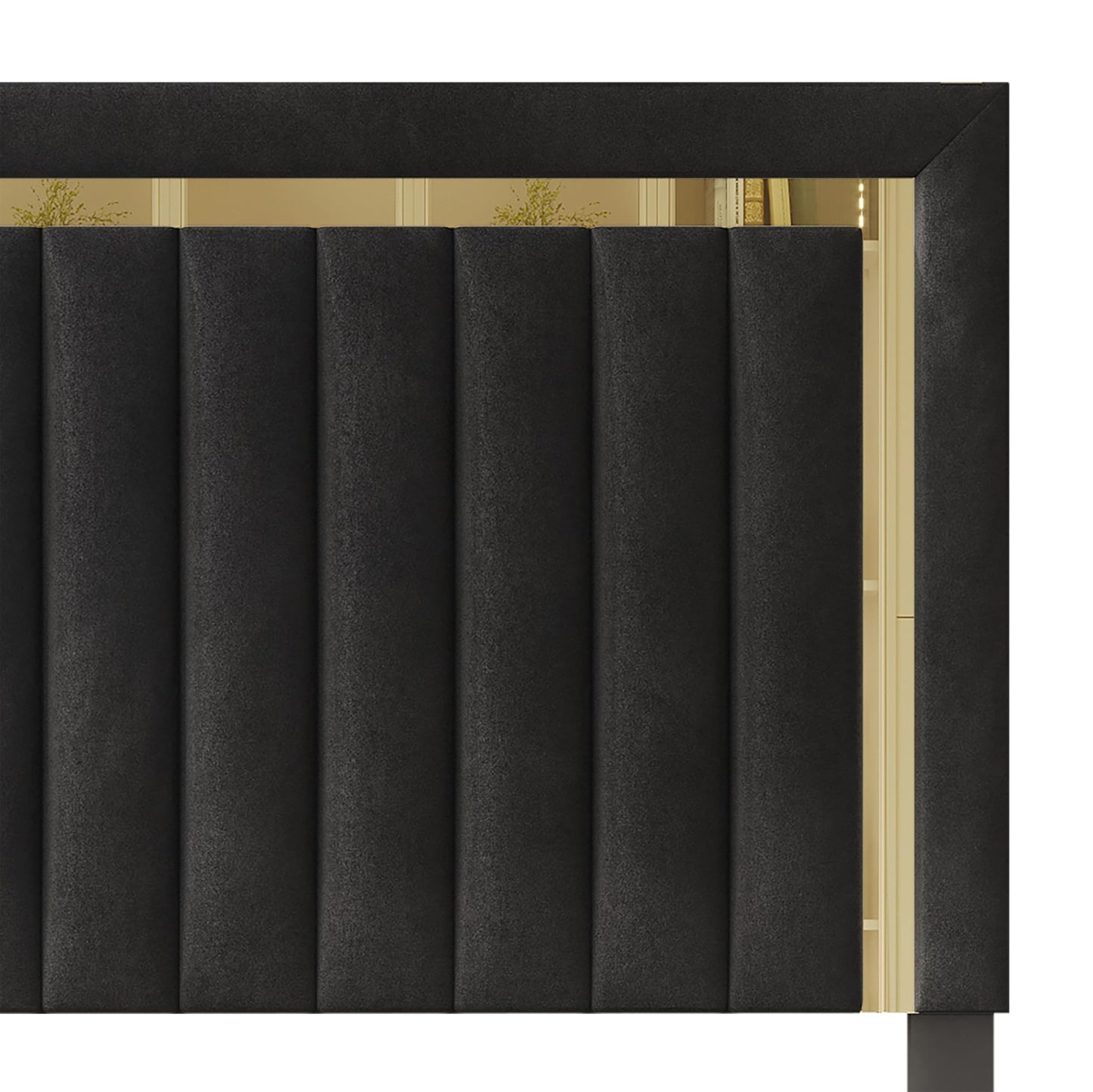 HOME DESIGN Olathe King Size Upholstered Panel Bed Frame, Vertical Channel Tufted Headboard with Gold Metal Accent, Velvet Fabric, Platform Design, Box Spring Required, Black