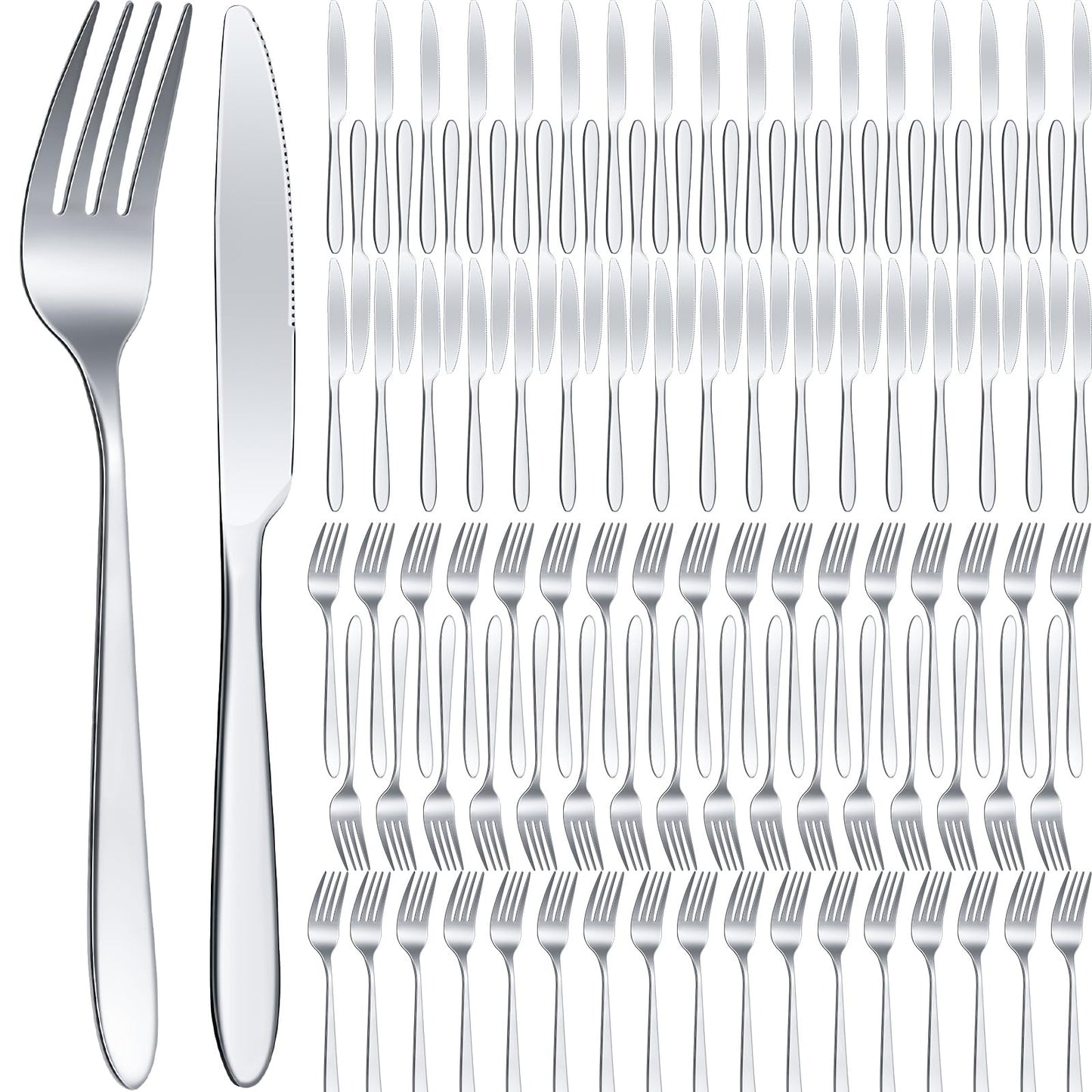 Nuenen 100 Pieces Stainless Steel forks and knives Dinner Flatware Set Tableware Cutlery for Butter Kitchen Restaurant, Dishwasher Safe(Silver,8.4 Inches, 7.1 Inches)