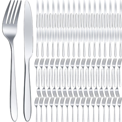 Nuenen 100 Pieces Stainless Steel forks and knives Dinner Flatware Set Tableware Cutlery for Butter Kitchen Restaurant, Dishwasher Safe(Silver,8.4 Inches, 7.1 Inches)