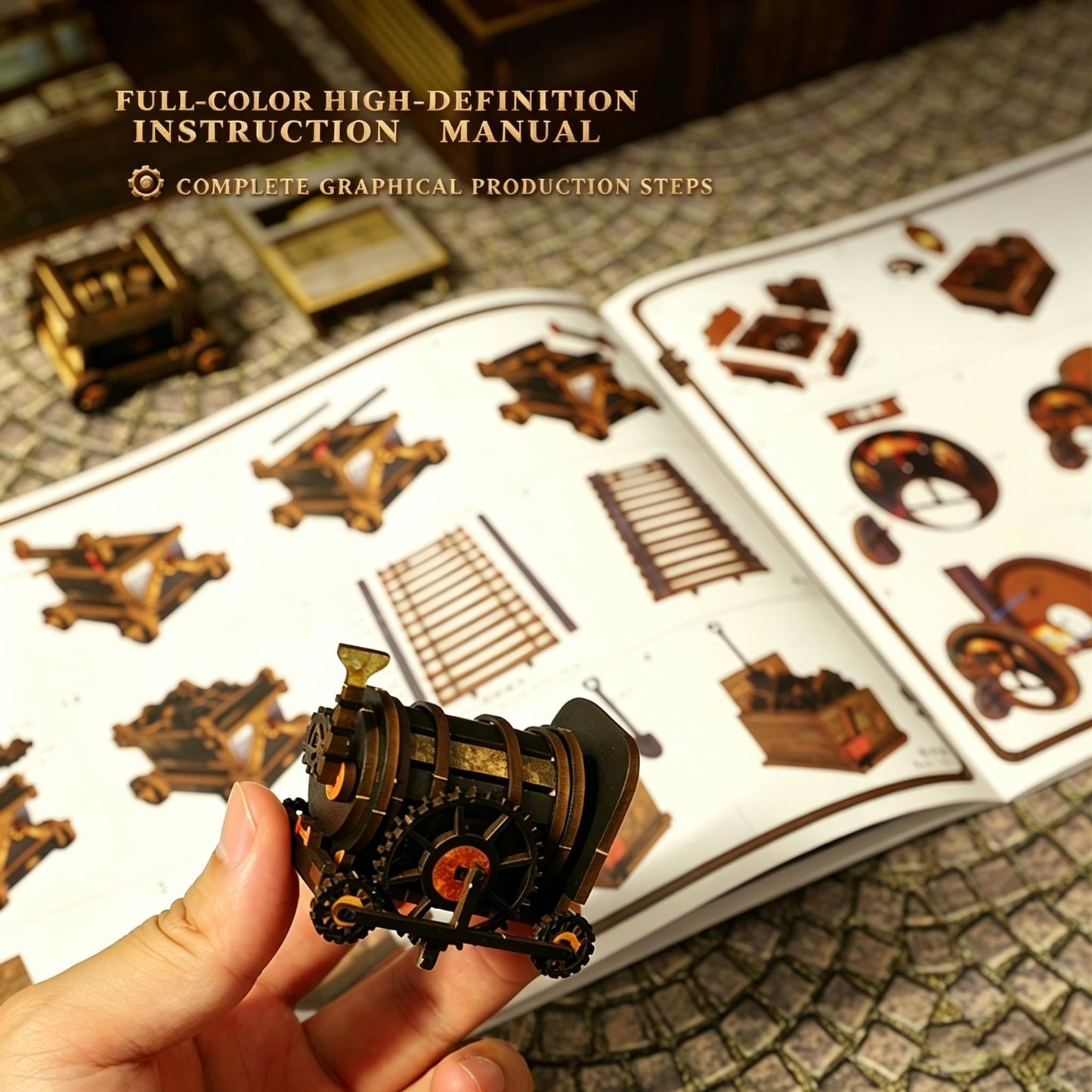 DGRENA Book Nook DIY Miniature House Kit, Steampunk Industrial 3D Wooden Puzzle Bookend with Touch LED Lights, Rotating Gears Mechanical Bookshelf Insert Decor Crafts for Adults Teens Gift