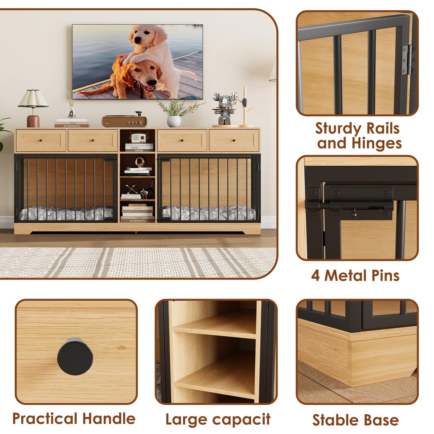 Garvee Double Dog Crate Furniture, 82'' Large Dog Kennel Indoor with 4 Drawers and Shelves, Heavy Duty Wooden Dog Crate TV Stand for 2 Large Medium Dogs, Natural