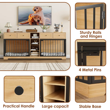 Garvee Double Dog Crate Furniture, 82'' Large Dog Kennel Indoor with 4 Drawers and Shelves, Heavy Duty Wooden Dog Crate TV Stand for 2 Large Medium Dogs, Natural