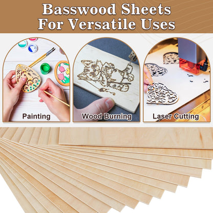 MITINU 30 Pack Basswood Sheets for Crafts,12"x12"x1/8" 3mm Thick Plywood Sheets with Smooth Surfaces-Unfinished Squares Wood Boards for Laser Cutting, Wood Burning, Architectural Models, Staining