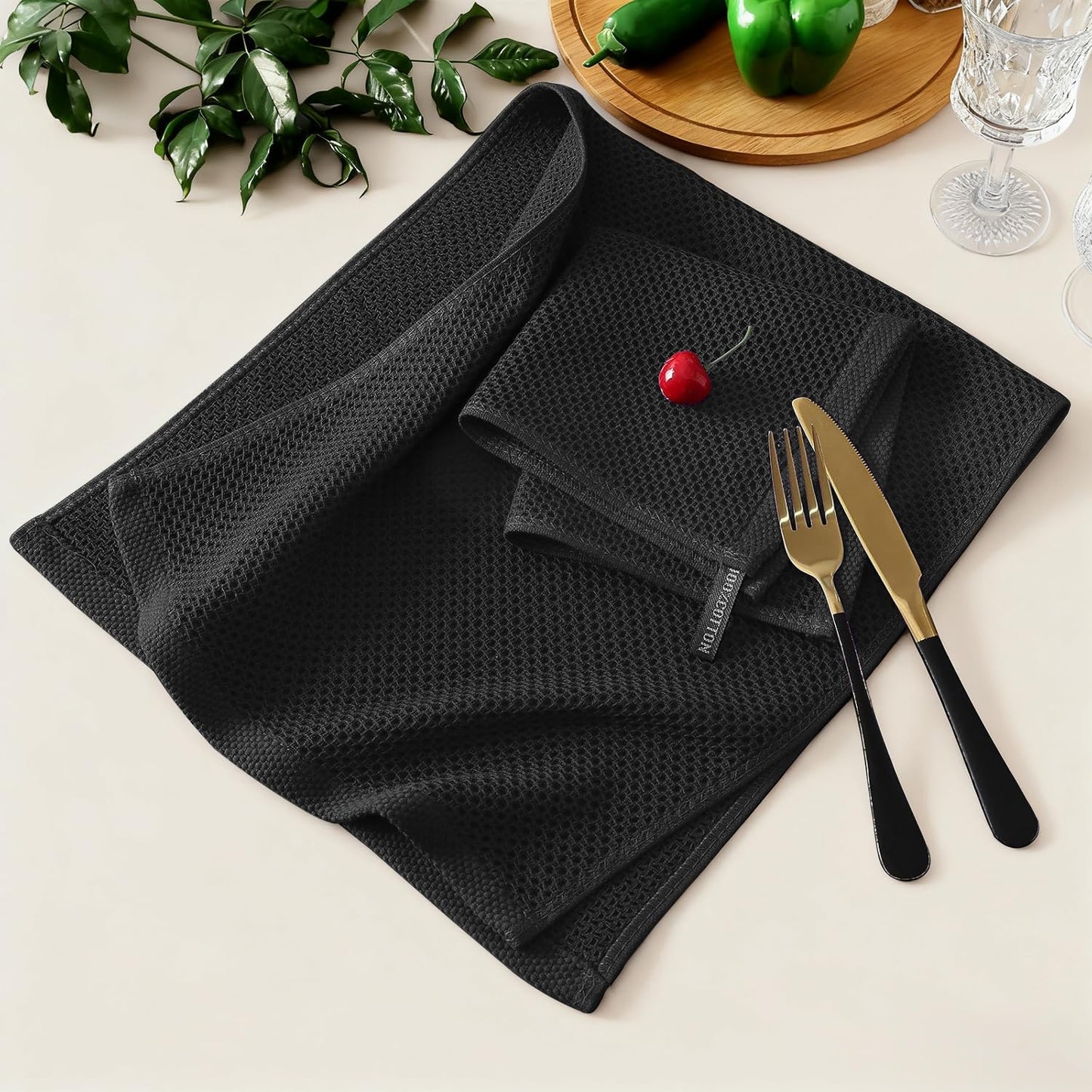 Kitinjoy 100% Cotton Kitchen Towels and Dishcloths Set, 8 Pack-13" x 28" and 12" x 12" Waffle Weave Dish Towels, Ultra Soft Absorbent Quick Drying Dish Rags, Black