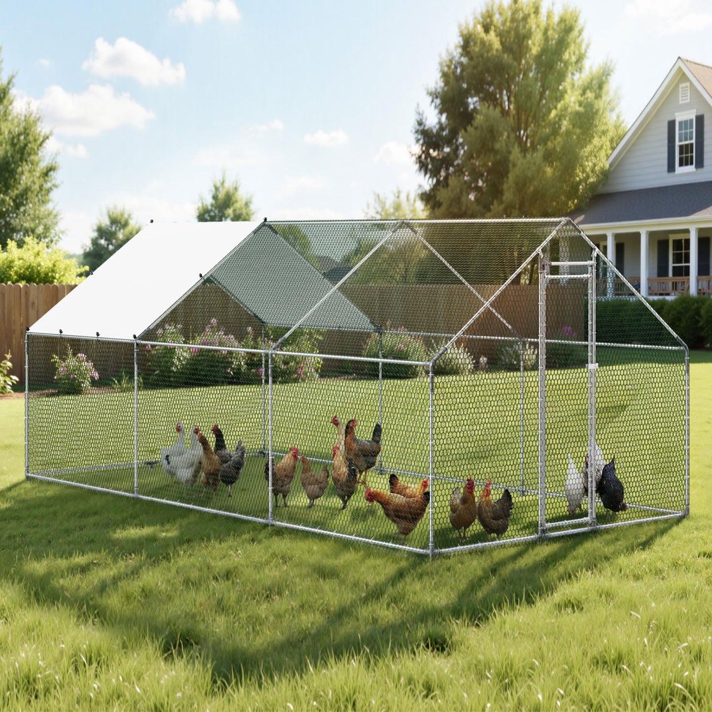 VEVOR Large Metal Chicken Coop, 19.7x9.8x6.5ft Walk-in Chicken Runs for Yard with Cover, Spire Roof Hen House with Security Lock for Outdoor and Backyard, Farm, Duck Rabbit Cage Poultry Pen