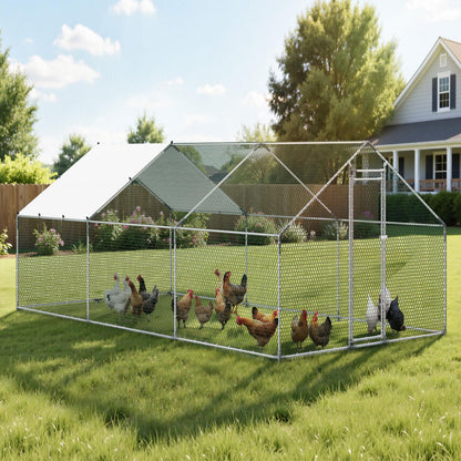 VEVOR Large Metal Chicken Coop, 19.7x9.8x6.5ft Walk-in Chicken Runs for Yard with Cover, Spire Roof Hen House with Security Lock for Outdoor and Backyard, Farm, Duck Rabbit Cage Poultry Pen