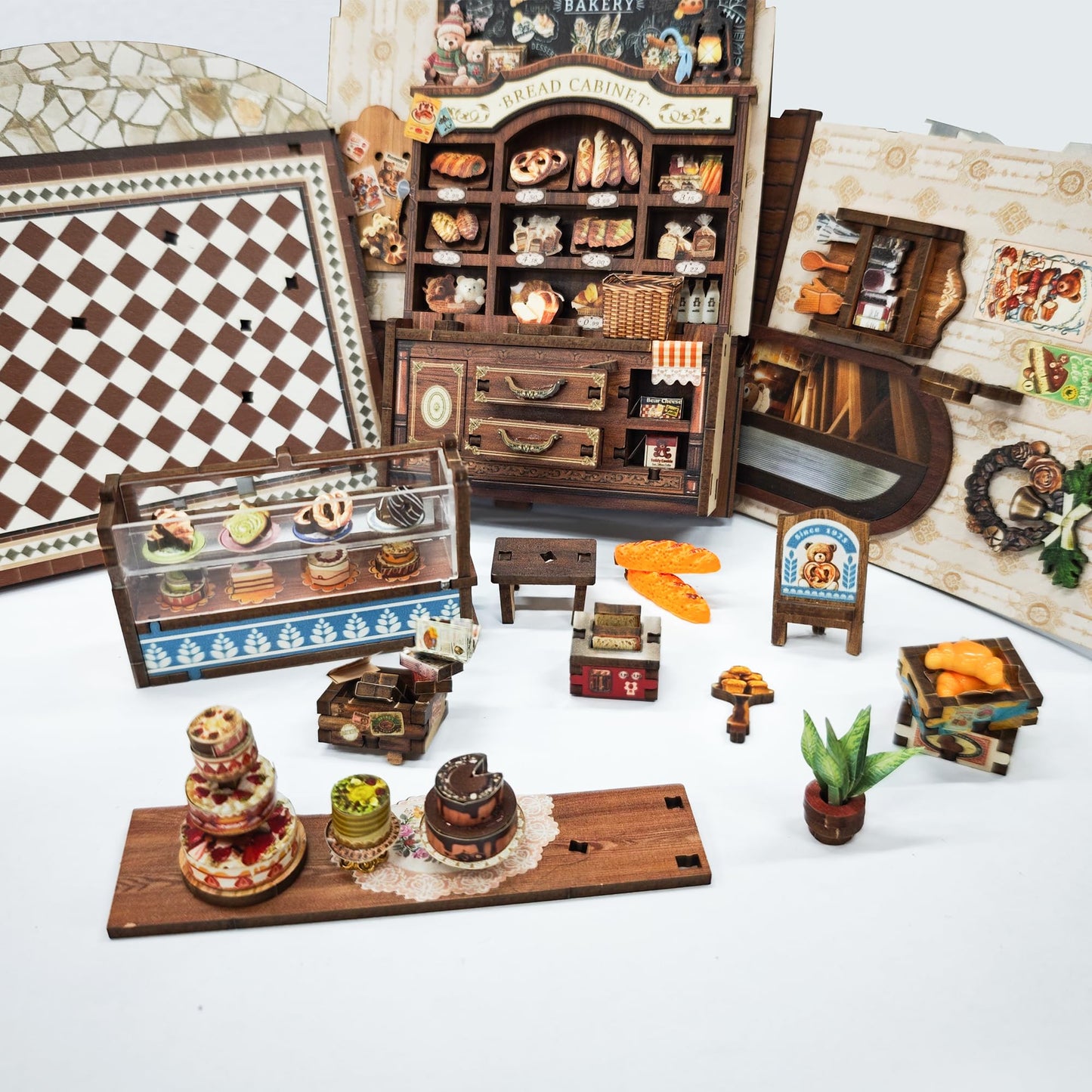 IBOHEYE Mini Book Nook Kit,DIY Miniature House kit,3D Puzzle Dollhouse Bookshelf Decor,Store Theme Booknook with LED Light Dust Cover,Gifts for Adults Teens and Beginners- Bear Bakery(SQ-65)