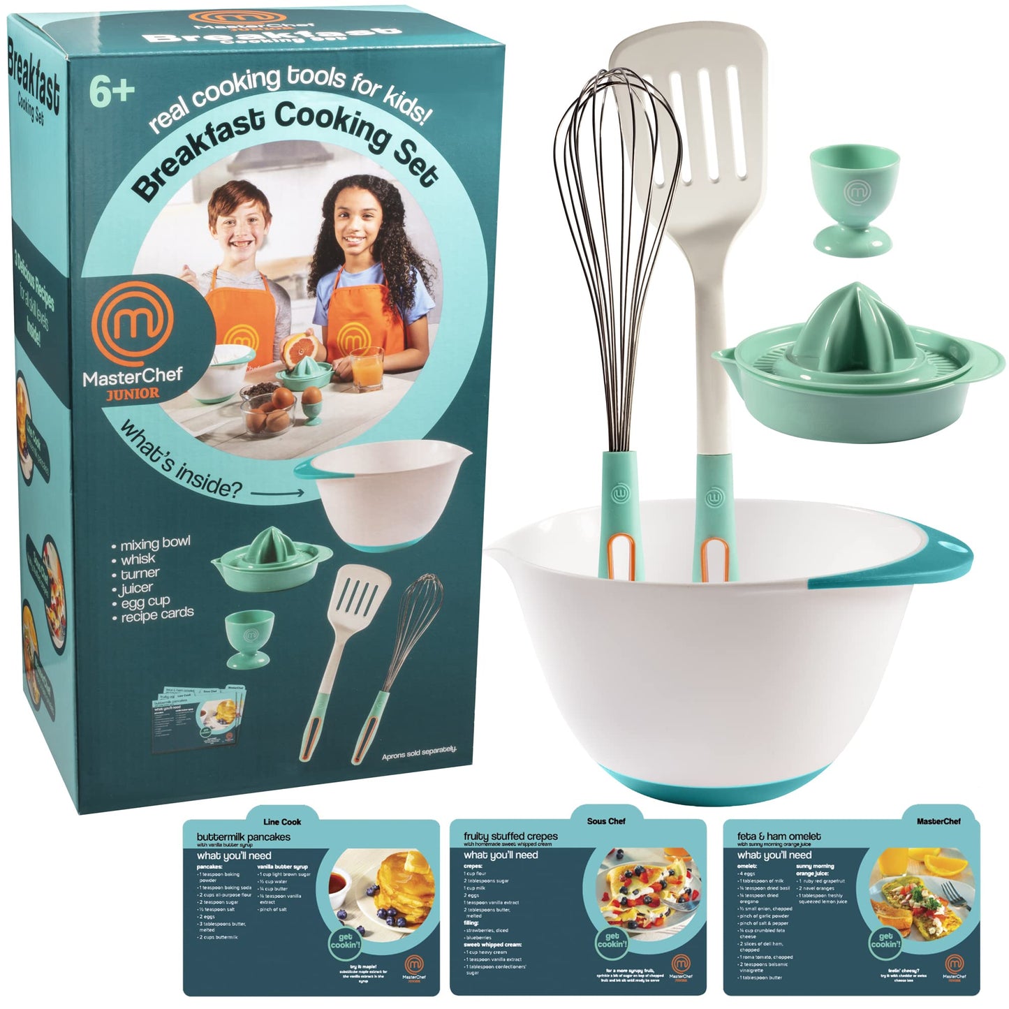 MasterChef Junior Breakfast Cooking Set- 6 Pc Kit w Real Cooking Tools for Kids & Recipes- Includes Spatula, Mixing Bowl, Whisk, Egg Cup, Juicer- Make Pancakes, Crepes & More- Fun Breakfast Essentials