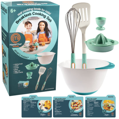 MasterChef Junior Breakfast Cooking Set- 6 Pc Kit w Real Cooking Tools for Kids & Recipes- Includes Spatula, Mixing Bowl, Whisk, Egg Cup, Juicer- Make Pancakes, Crepes & More- Fun Breakfast Essentials