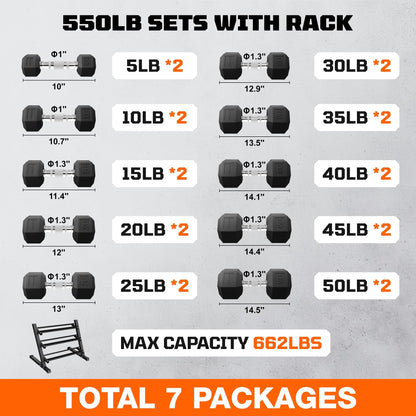 GOIMU Dumbbell Sets with Rack, Rubber Hex Dumbbells, 220/280/360/450/550LBS, Hand Weights with Chrome Handle for Strength Training(550LBS with Rack)