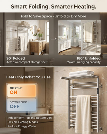 Caldayx High-Density Foldable Heated Towel Rack, Smart Dual-Zone App/Voice Control Towel Warmer Rack, GFCI Plug-in/Hardwired, Wall-Mount, Drill-Free Install, Brushed, CA3-900X550-Ultra-S