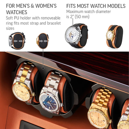 4 Watch Winder with 5 Watch Storage Space, LCD Display, Touch Control and Interior Light (Ebony + Brown)