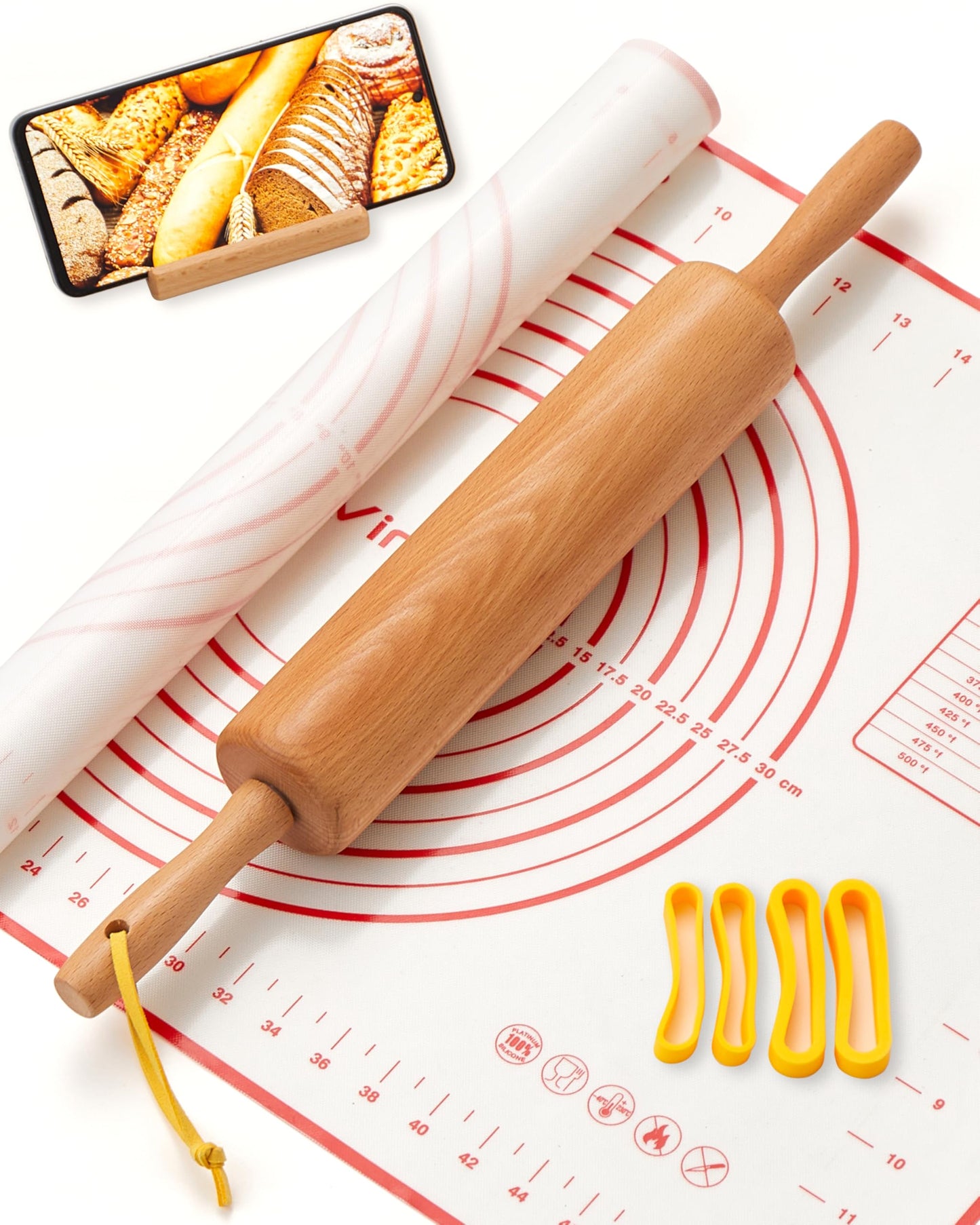 Classic Wood Rolling Pin, 17" Rolling Pins for Baking with Silicone Mat and Adjustable Thickness Rings, Pasta Roller with Wood Base, Fondant Roller for Pie Crust, Cookies, Pizza Dough and Bread