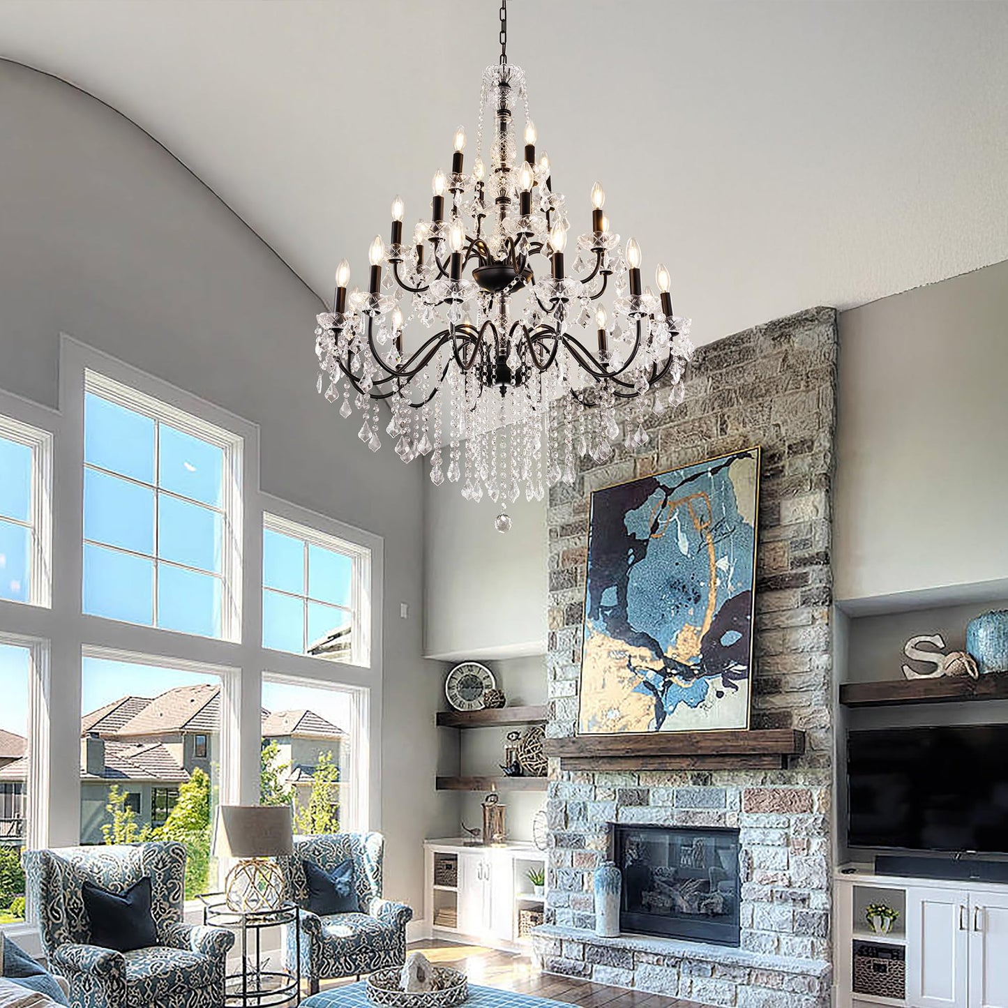 Wellmet Black Chandelier Light Fixture, Luxury Maria Theresa Crystal Chandeliers for High Ceiling Foyer, 24 Lights Hanging Pendant Light for Living Room EntryWay Hall Staircase Large 35.66" (Black)