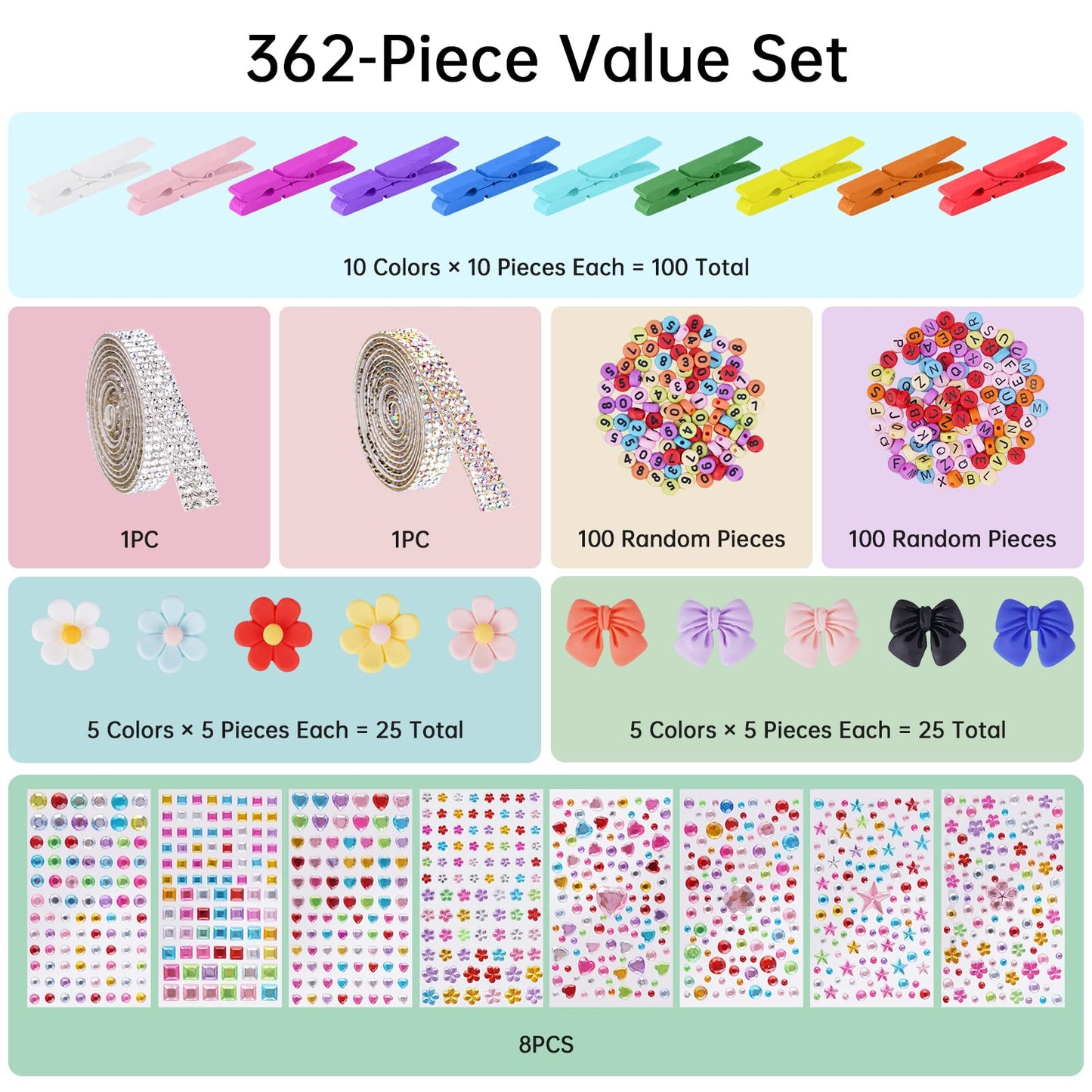 Aphlos 100PCS DIY Cheer Pin Decoration Kit with Wooden Clips, Mini Bows, Flowers, Glitter Ribbons, Rhinestone Stickers, Alphabet & Number Buttons, Cheerleading Craft Supplies for School Projects