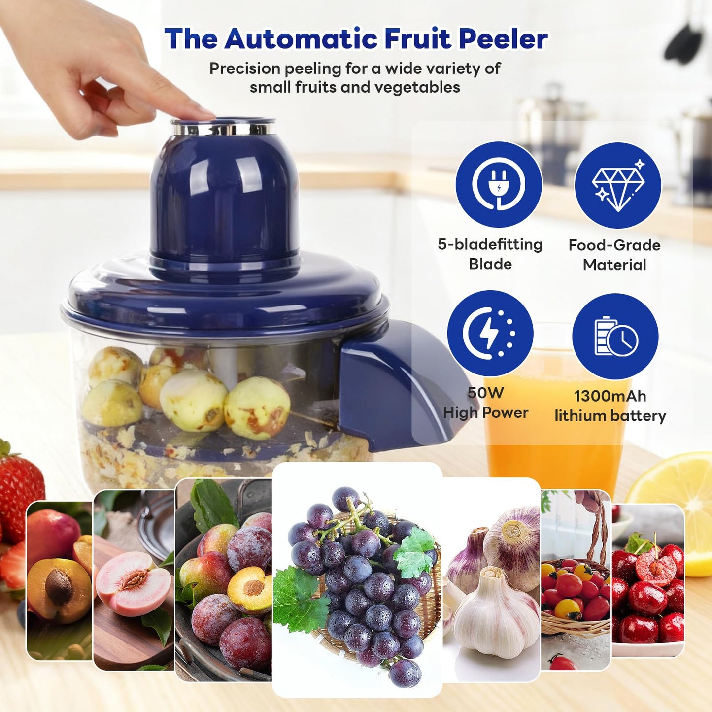NKDFRI Automatic Grape Peeler Machine, Electric Garlic & Cherry Tomato Peeler Skin Remover Tool for Small Fruits, Effortless Peeling for Home Kitchen (Blue-1PC)