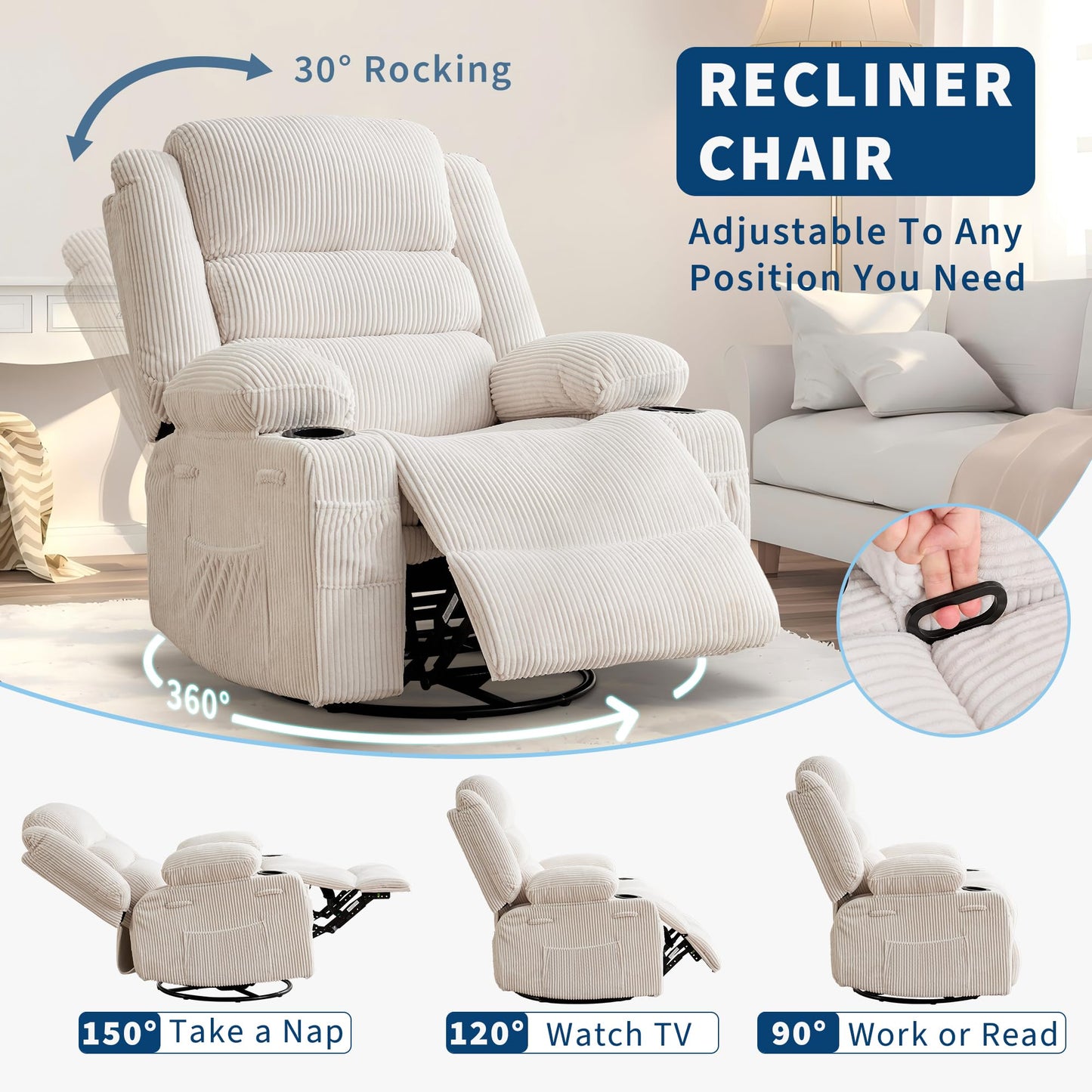 Rocking Recliner Chair for Adults Wide 360° Swivel Rocker Recliner with Cup Holder Nursery Glider with Upholstered Deep Seat Corduroy Lazy boy Chair for Living Room Beige