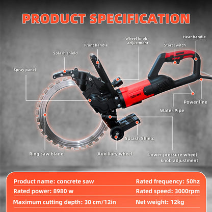 16" Toroidal Electric Concrete Ring Saw 8980/110V,Wet/Dry Cutting with Water Pump,Max Depth 13.8", Electric Concrete Cutting for Brick, Concrete, Marble, Rebar