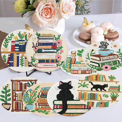 Zythron 8 Pcs Bookshelf Diamond Art Coasters Books Diamond Painting Coasters Kits DIY 5D with Holder with Holder Cork Pads DIY for Beginners, Adults, Diamond Art Kits Crafts Supplies 4x4 in