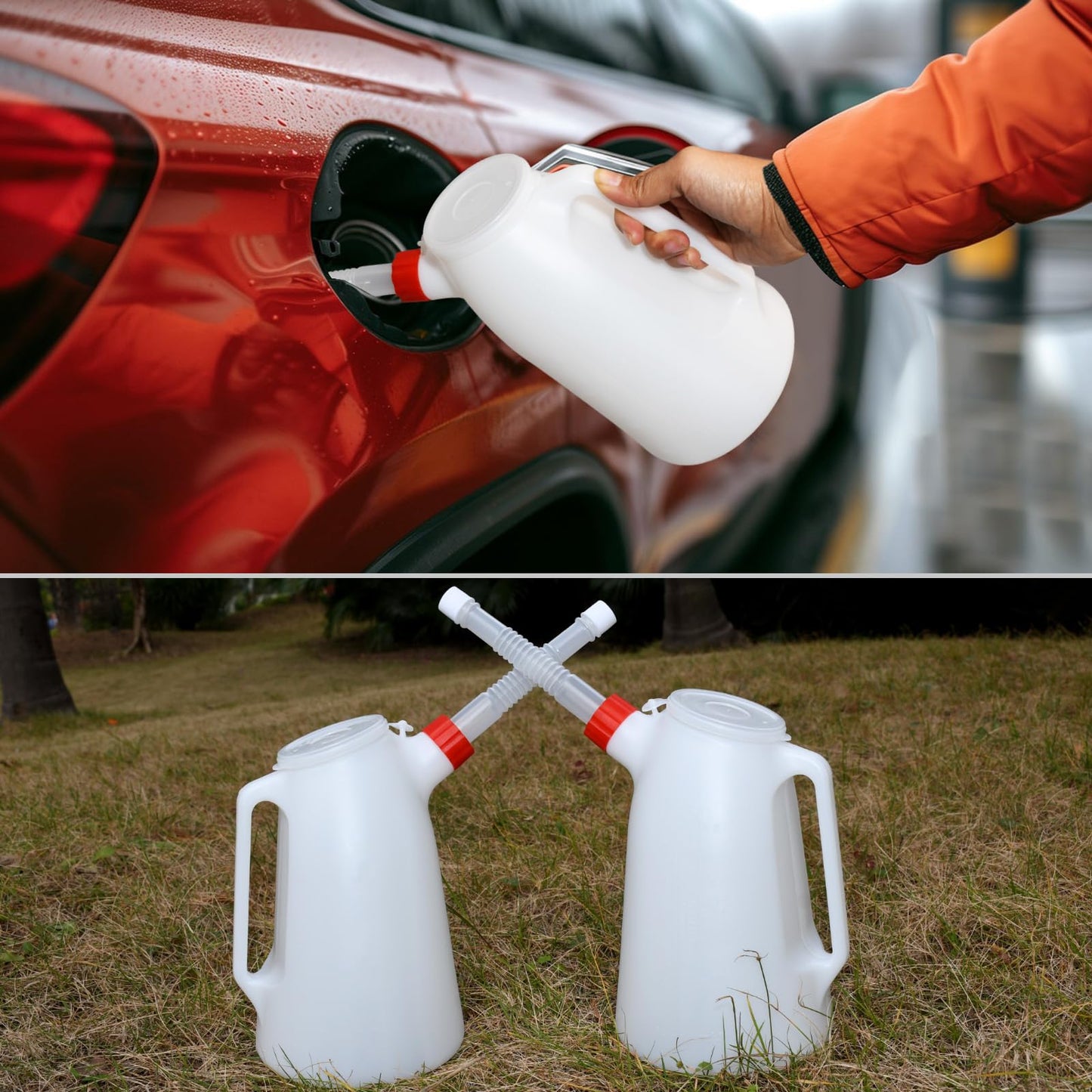 Kackaidi 2 Pack Oil Jug 2 Quart Oil Measuring Container Automotive Motor Oil Dispenser Container with Cover and Long Nozzle for Automotive Fluids