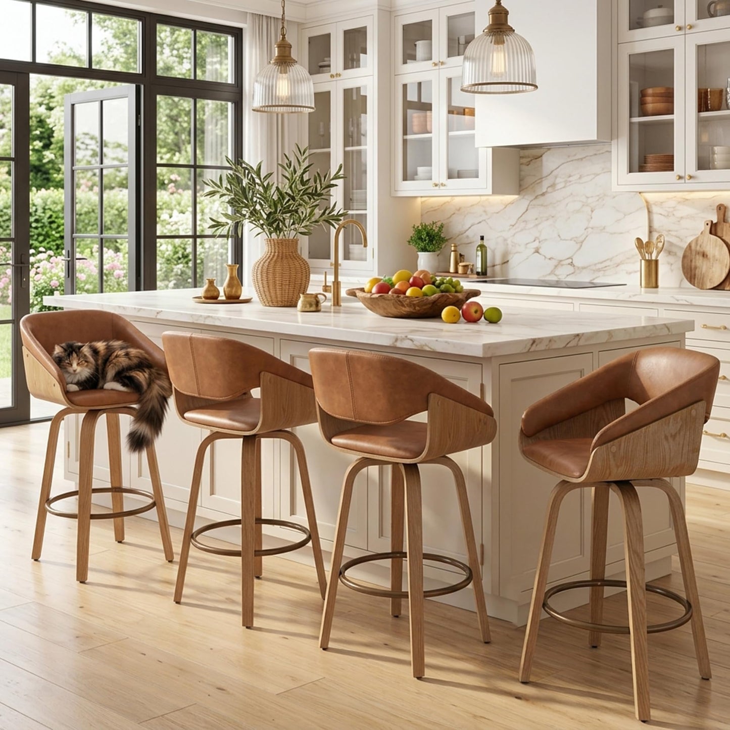 HNY 26 Inch Swivel Bar Stools with Back Set of 4, Brown Faux Leather Upholstered Counter Height Barstools with Solid Bentwood Frame, Round Footrest, Modern Barrel Counter Stools for Kitchen Island