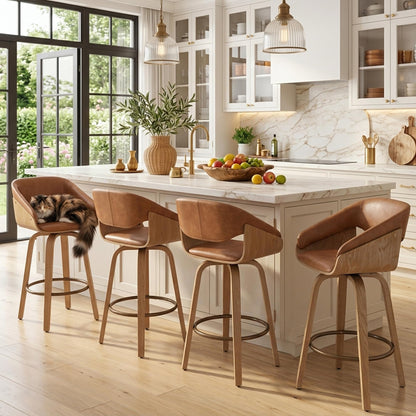 HNY 26 Inch Swivel Bar Stools with Back Set of 4, Brown Faux Leather Upholstered Counter Height Barstools with Solid Bentwood Frame, Round Footrest, Modern Barrel Counter Stools for Kitchen Island