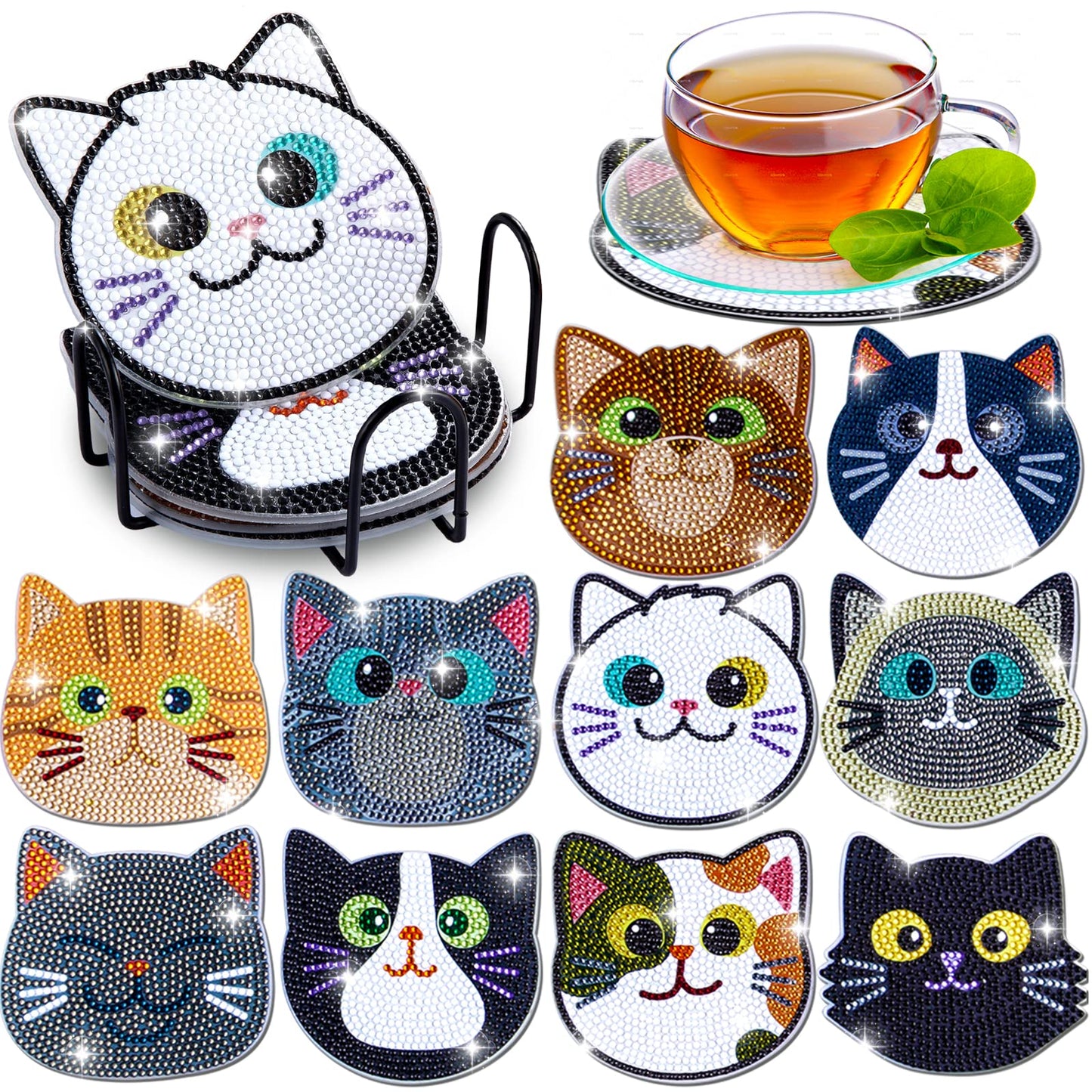 Insnug 10PCs Diamond Painting Coasters Set - Cat Theme Diamond Art Coasters Painting Kits for Kids Adult Dots, Arts and Crafts DIY Kits for Adults and Kids Gift for Valentine's Day