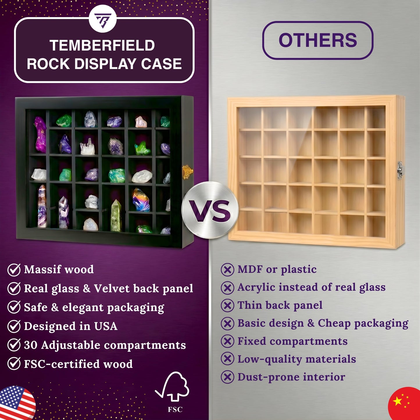 Premium Rock Display Case – Wooden Shadow Box with Shelves for Crystals, Seashell & Figurines – 30 Adjustable Compartments – Real Glass Door – Elegant Storage for Collectibles