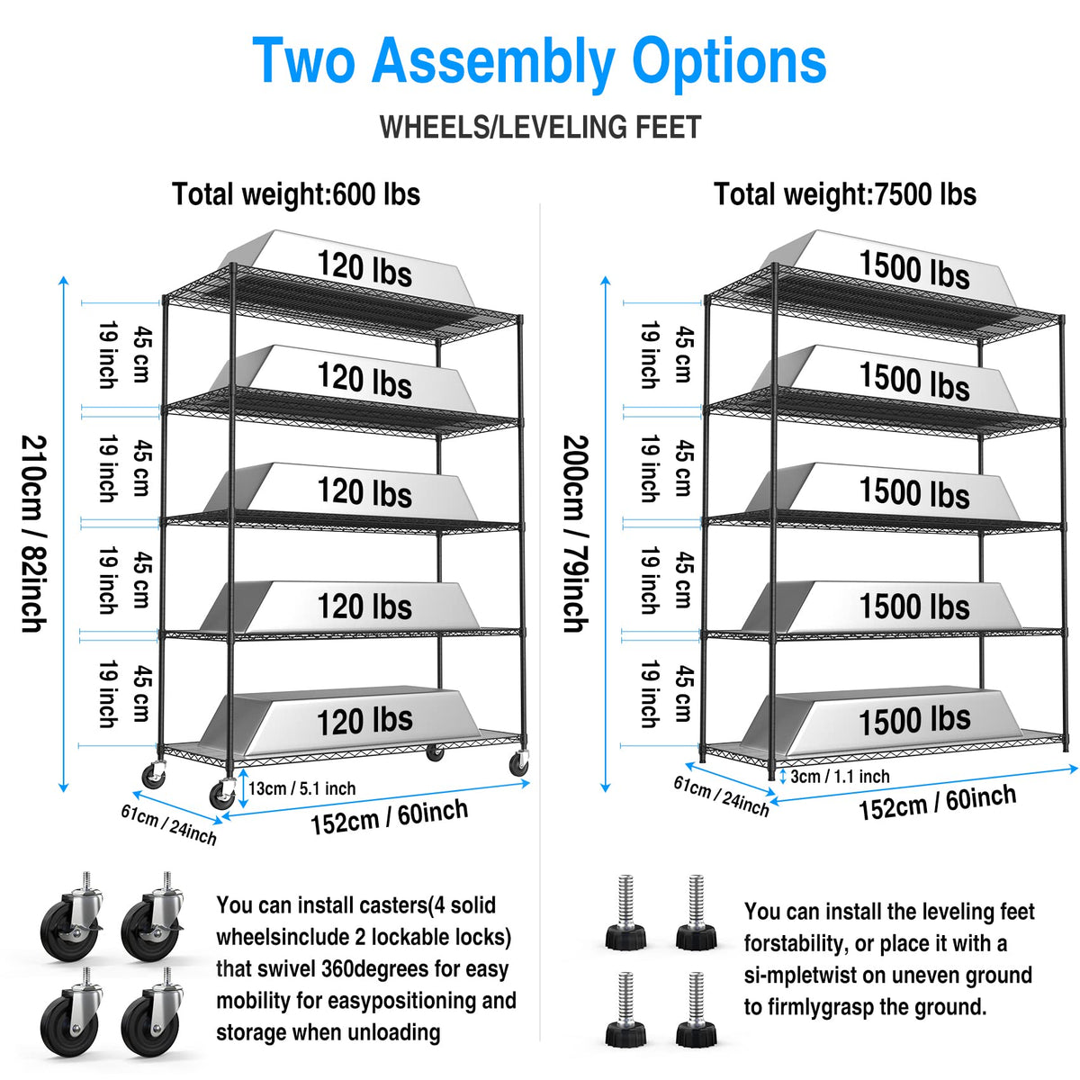 Metal Shelf Wire Shelving Unit, 5 Tier 7500lbs Capacity NSF Heavy Duty Adjustable Storage Rack with Wheels & Shelf Liners for Commercial Grade Utility Steel Storage Rack,82"H x 60"L x 24"D-Black