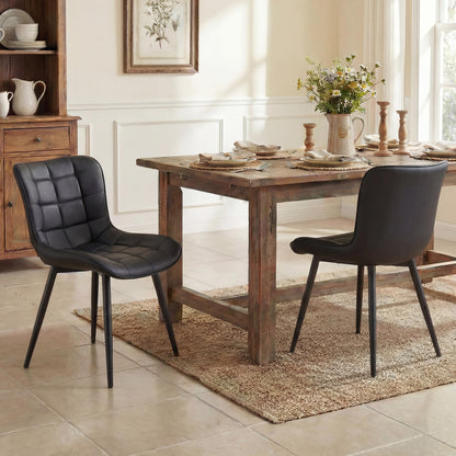 YOUTASTE All Black Dining Chairs Set of 2, Faux Leather Upholstered Armless Chairs with Back and Metal Legs, Mid Century Modern Kitchen Chairs for Living Room, Vanity, or Guest Reception Room