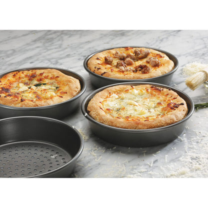 Chicago Metallic Deep Dish Pizza Pan Set of 4, 7 Inch Personal Size, Heavy-Duty Carbon Steel with Perforated Bottom for Crispy Crust, Perfect for Family Pizza Night