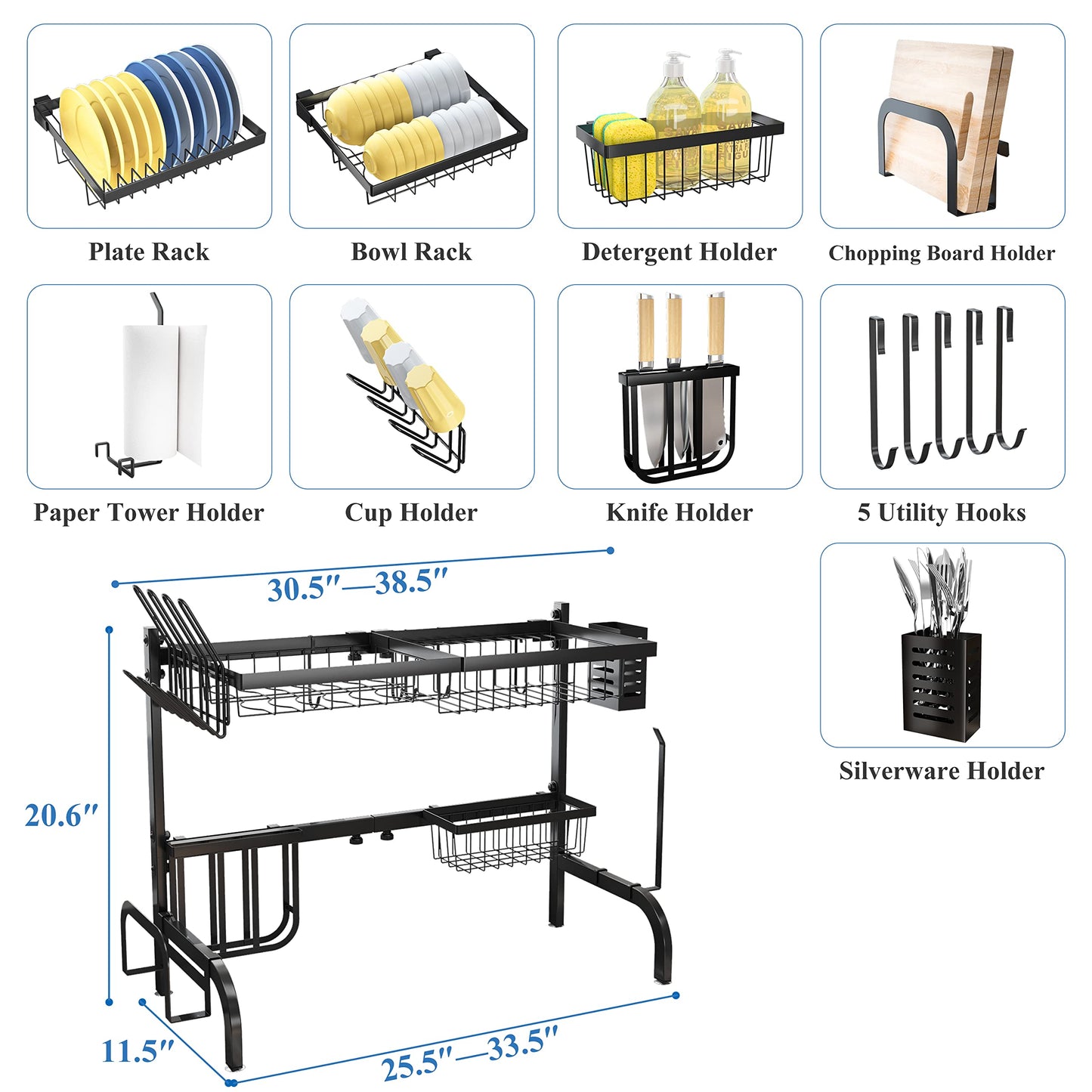 SAYZH Over The Sink Dish Drying Rack, Adjustable (25.5 to 33.5 inch) 2 Tier Metal Steel Dish Drying Racks for Kitchen Counter with Hooks Paper Towel Utensil Cup Holder Sink Caddy (Black)
