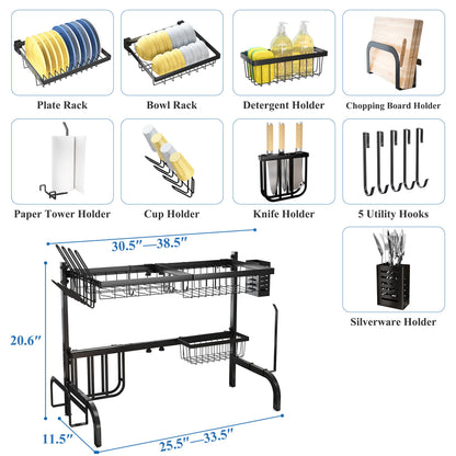 SAYZH Over The Sink Dish Drying Rack, Adjustable (25.5 to 33.5 inch) 2 Tier Metal Steel Dish Drying Racks for Kitchen Counter with Hooks Paper Towel Utensil Cup Holder Sink Caddy (Black)