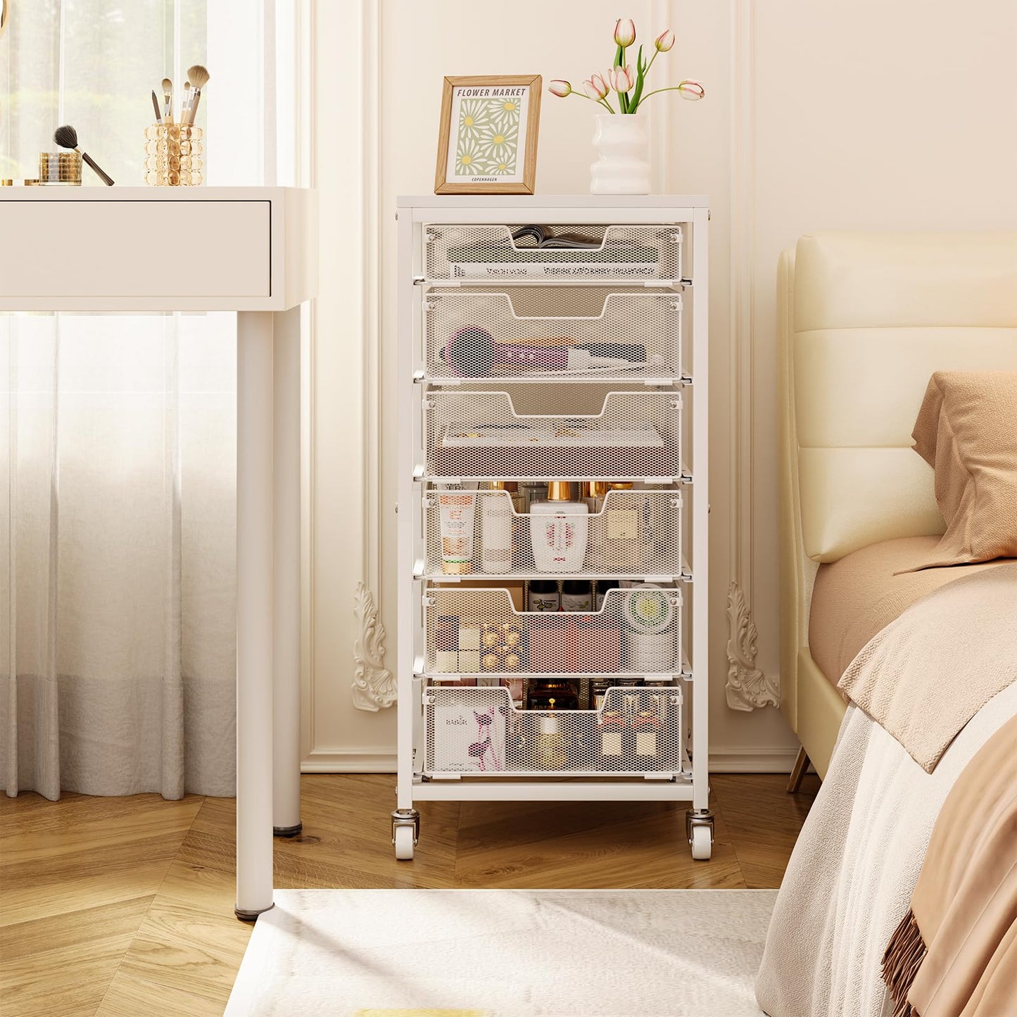 Sbanmao 6 Drawers Rolling Utility Cart, Rolling Storage Cart with Wooden Tabletop, Storage Drawer Cart on Lockable Wheels, Craft Cart for Bedroom, Classroom, Office, White