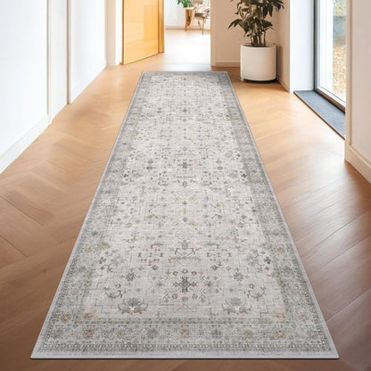 Hazo Haus Light Gray Kitchen Rug - Modern Boho Floral Design, Washable Non-Slip Runner 3x10 ft
