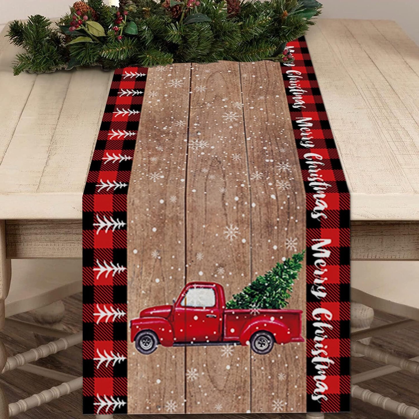 Christmas Table Runner 72 Inch Truck with Xmas Trees, Red Black Buffalo Plaid Cotton Linen for Holiday Party