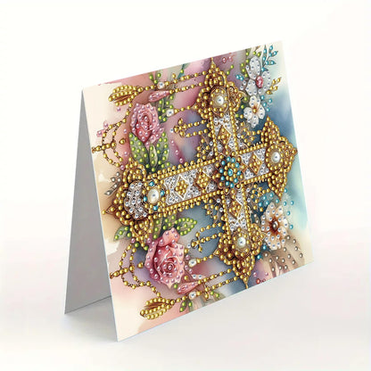 MaiYiYi 6 Pack DIY Cross Diamond Painting Greeting Cards Kit, Cross Flower Diamond Art Greeting Cards, Rose Diamond Art Cards with Envelopes for Family Friends Holiday Birthday