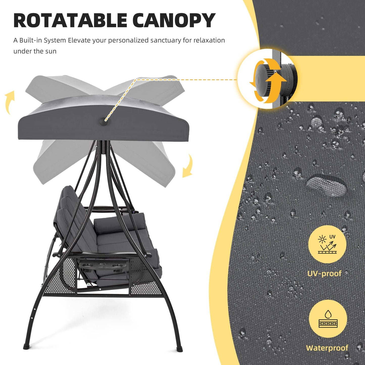 HOMREST 3 Person Outdoor Porch Swing with 1.5" Upgraded Cup Holder, Adjustable Canopy, Backrest, Patio Swing Bed with Weather Resistant Steel Frame, Cushions for Garden,Deck and Poolside(Gray)