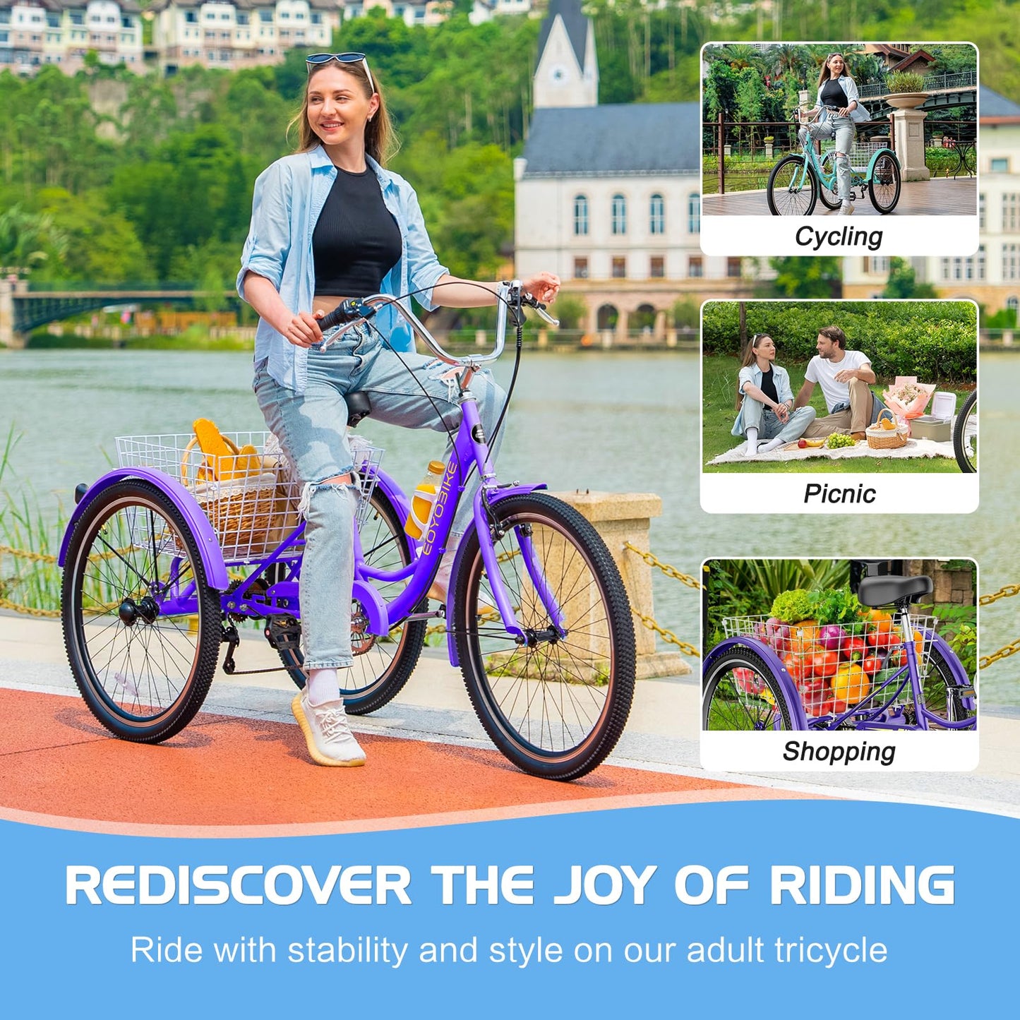 EOYOBIKE Adult Tricycle 3-Wheel Cruiser Bike, Low Step-Through, Heavy-Duty Comfort Trike with Adjustable Handlebar & Spring Saddle, Large Rear Basket, for Seniors & Adults (Amethyst Dusk, 26" Tire)