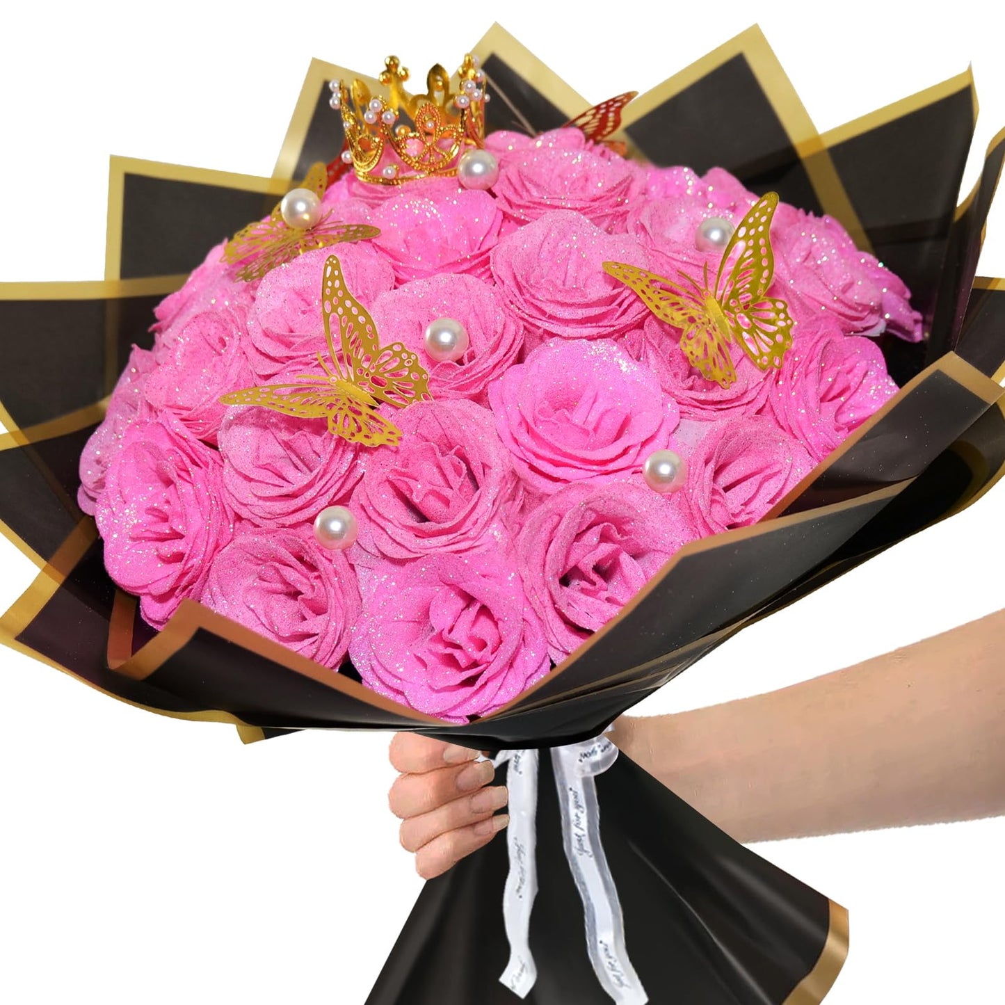 Pink Glitter Roses Bouquet, 24 Pcs Shiny Glitter Flowers Bouquet, Everlasting Artificial Roses Bouquet for Mothers Day, Birthday, Anniversary, Wedding, Engagement, Christmas