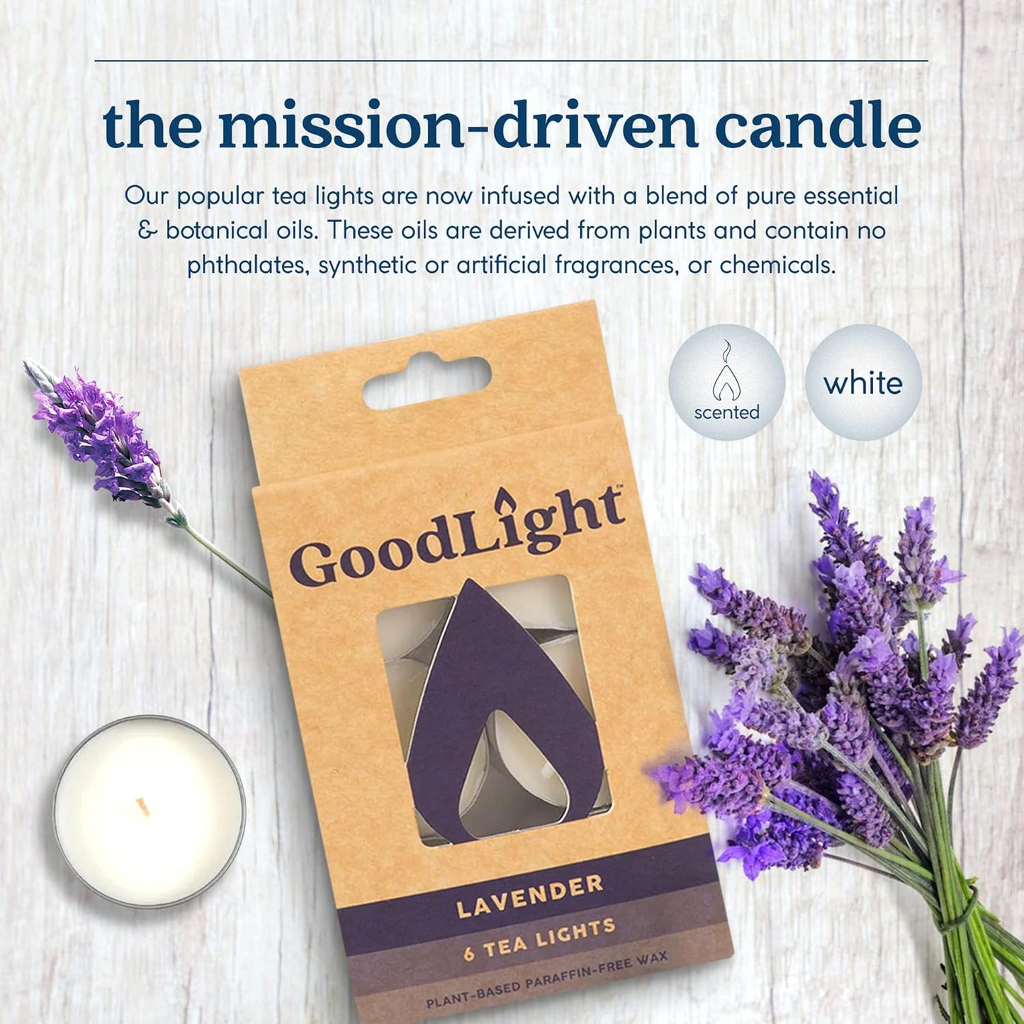 Paraffin-Free Scented Tea Light Candles, Lavender Scent, 6 Tea Lights, 4-Hour Burn Time