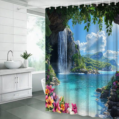 AEMBEE Tropical Ocean Shower Curtain Blue Sea Leaves Floral Hawaii Nature Scenery Landscape Spring Summer Fabric Decorative Bathroom Curtains with Hooks,Blue Green
