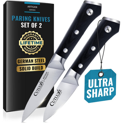 Cutluxe Paring Knife Set – 4" Fruit and 3" Peeling Knives – Small Knife with Razor Sharp Blade – High Carbon German Steel, Full Tang & Ergonomic Handle Design – Artisan Series