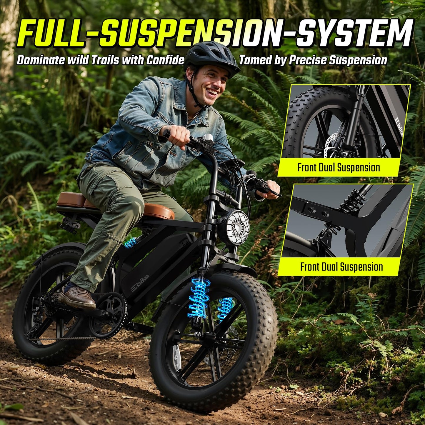 Electric Bike for Adults, Peak 1500W Motor, 30 MPH 60 Miles, 20"x4.0" Fat Tire Retro E Bike, 48V 15Ah Removable Battery, 7-Speed Ebkie for City Commuting, Off-Roading, Mountain, UL 2849 Carbon Black