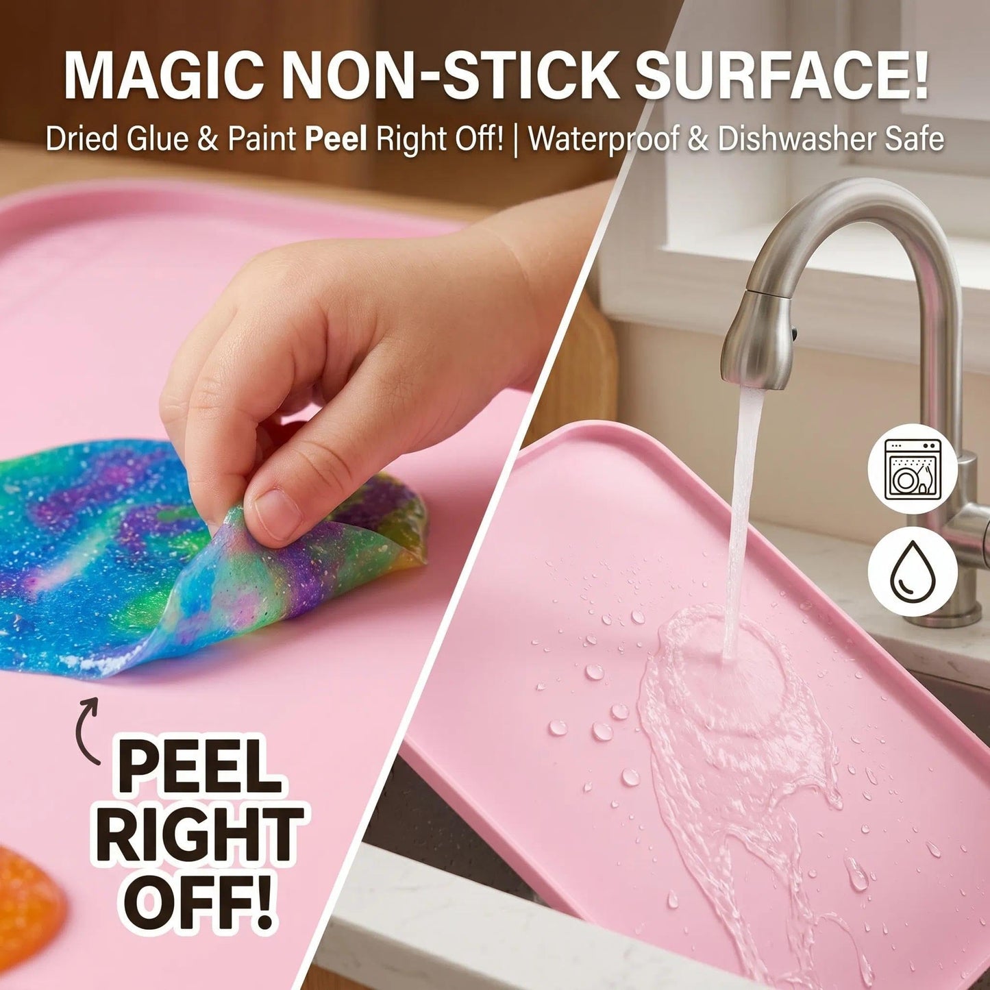 AWOKE 24"x16" Silicone Mats for Crafts with 0.7" High Edges, Large Leak-Proof Art Mat for Playdoh, Resin, Painting, Clay, Slime,Beads, Lego, Puzzle, Non-Stick & Non-Slip Table Protector for Kids, Pink